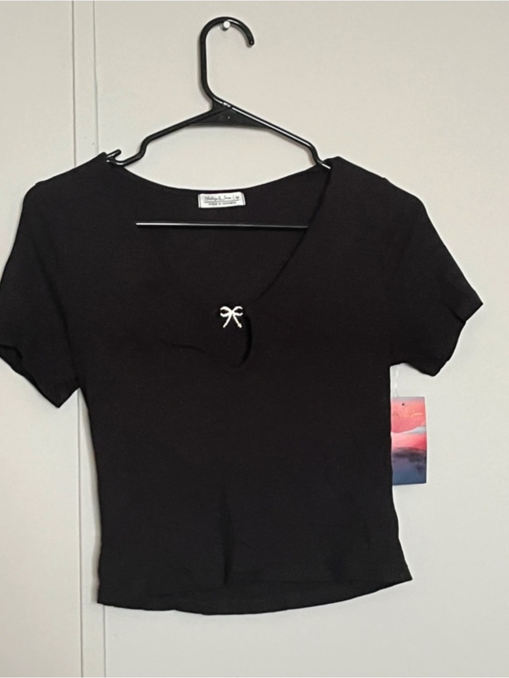 Black Short-Sleeve Knit Tee with Front Bow - Unknown Brand